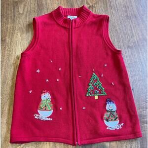 Hampshire‎ Studio Red Christmas Sweater Vest L Snowman Tree Sequin Zip Cotton